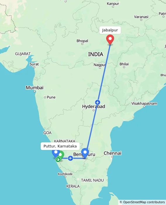 Route map showing distance and travel time from Puttur, Karnataka, India to Jabalpur, India