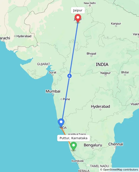 Route map showing distance and travel time from Puttur, Karnataka, India to Jaipur, India