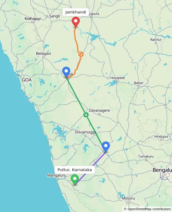 Route map showing distance and travel time from Puttur, Karnataka, India to Jamkhandi, India