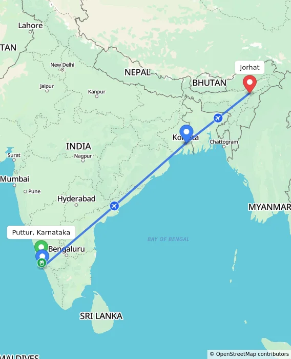 Route map showing distance and travel time from Puttur, Karnataka, India to Jorhat, India