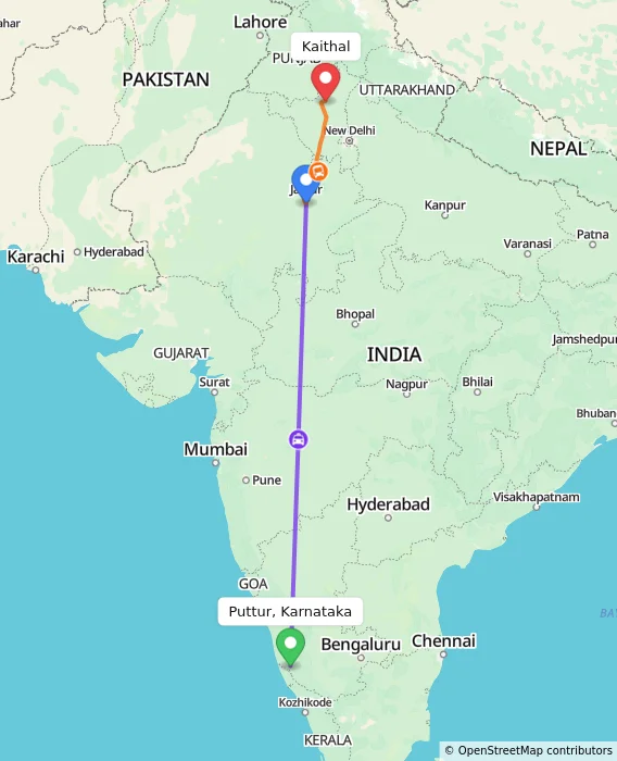 Route map showing distance and travel time from Puttur, Karnataka, India to Kaithal, India
