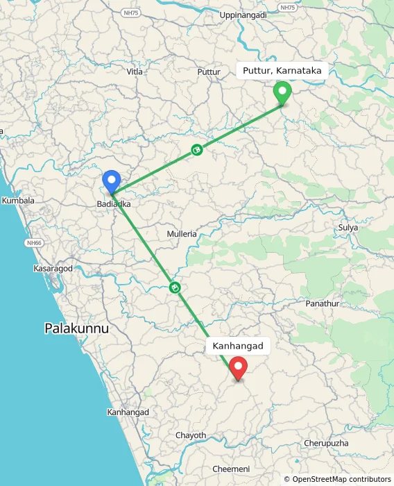 Route map showing distance and travel time from Puttur, Karnataka, India to Kanhangad, India