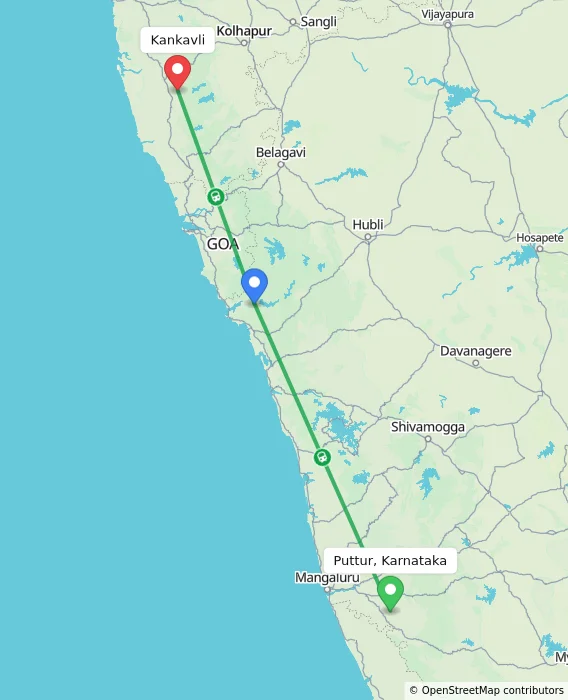 Route map showing distance and travel time from Puttur, Karnataka, India to Kankavli, India