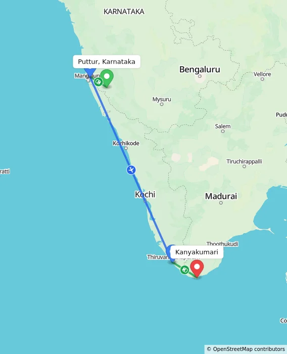 Route map showing distance and travel time from Puttur, Karnataka, India to Kanyakumari, India