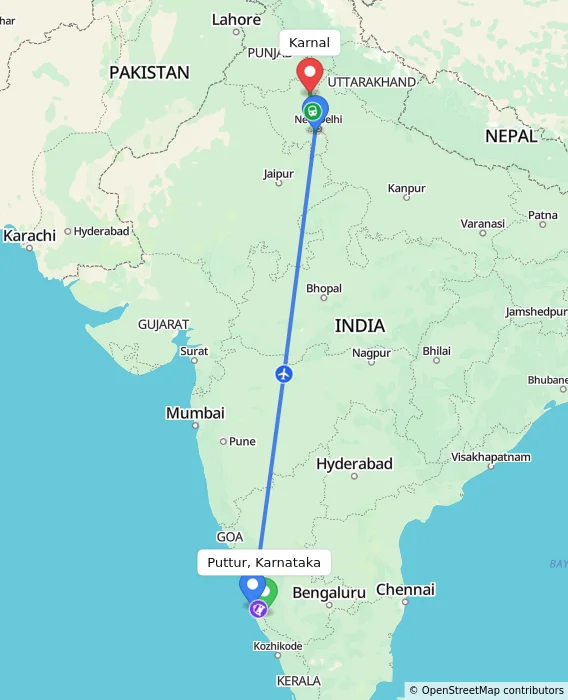 Route map showing distance and travel time from Puttur, Karnataka, India to Karnal, India