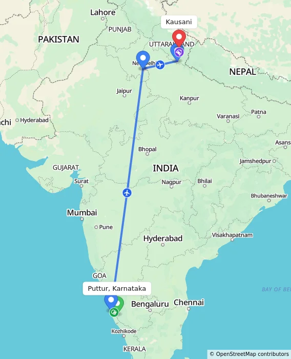 Route map showing distance and travel time from Puttur, Karnataka, India to Kausani, India