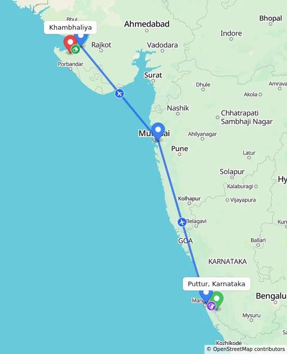 Route map showing distance and travel time from Puttur, Karnataka, India to Khambhaliya, India