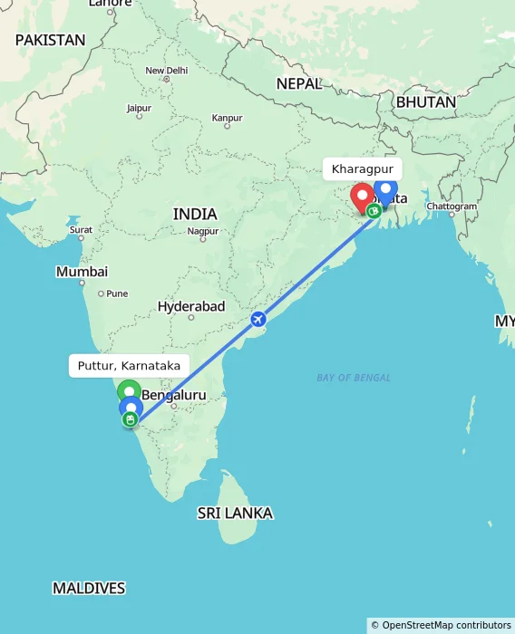 Route map showing distance and travel time from Puttur, Karnataka, India to Kharagpur, India