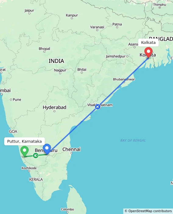Route map showing distance and travel time from Puttur, Karnataka, India to Kolkata, India