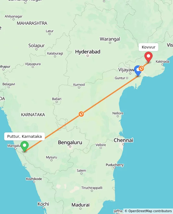 Route map showing distance and travel time from Puttur, Karnataka, India to Kovvur, India