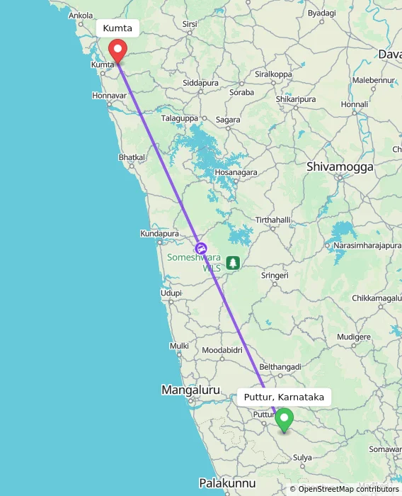 Route map showing distance and travel time from Puttur, Karnataka, India to Kumta, India