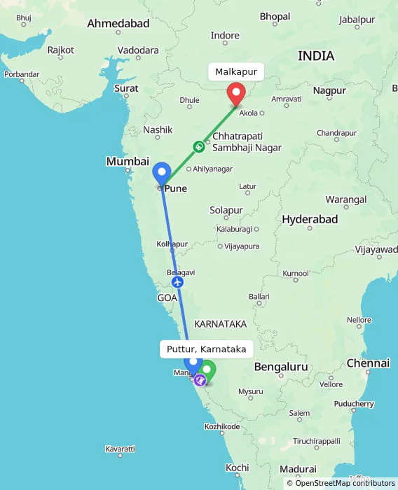 Route map showing distance and travel time from Puttur, Karnataka, India to Malkapur, India