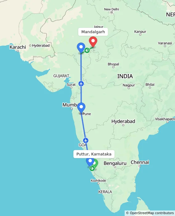 Route map showing distance and travel time from Puttur, Karnataka, India to Mandalgarh, India