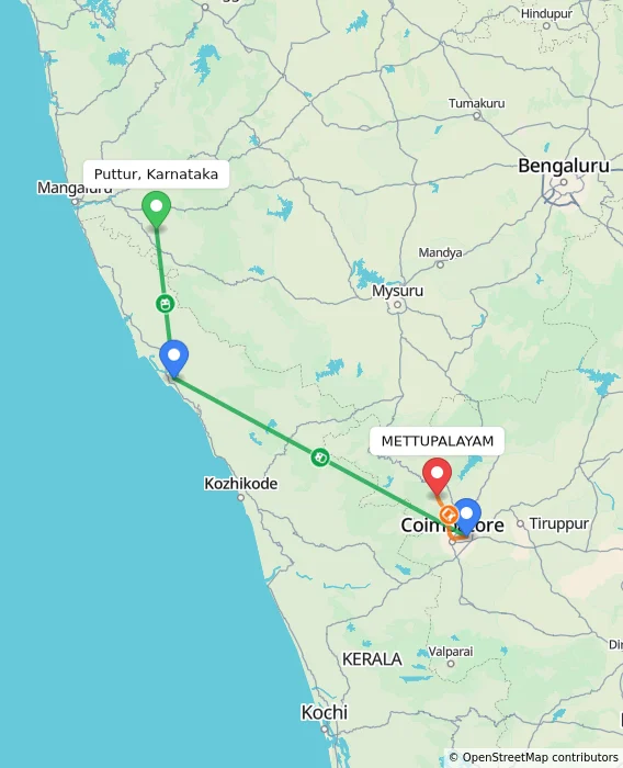 Route map showing distance and travel time from Puttur, Karnataka, India to METTUPALAYAM, India