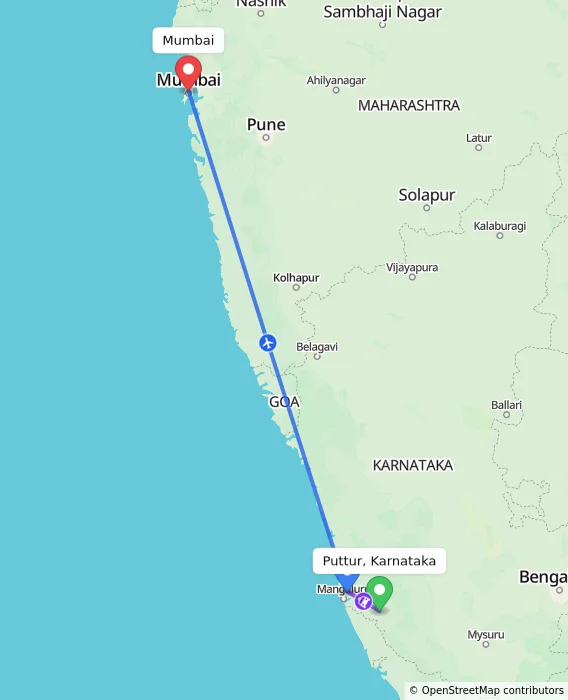 Route map showing distance and travel time from Puttur, Karnataka, India to Mumbai, India