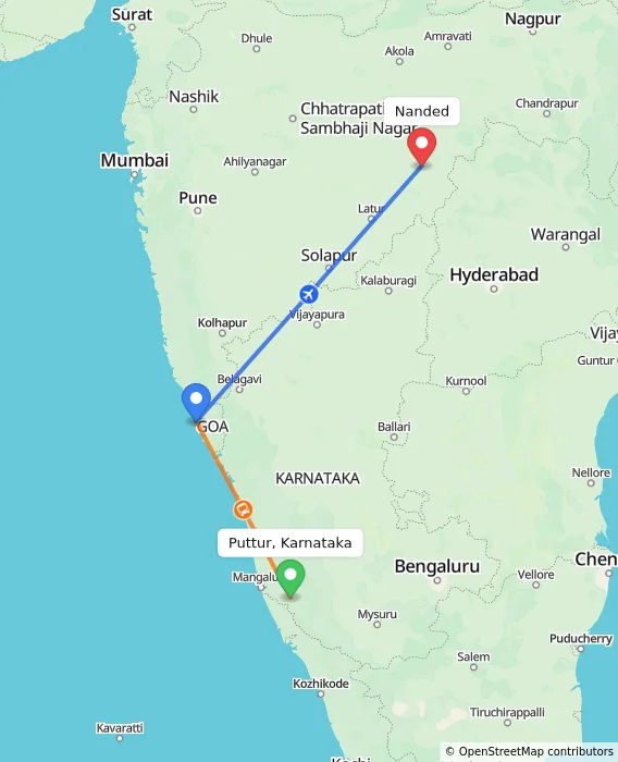 Route map showing distance and travel time from Puttur, Karnataka, India to Nanded, India