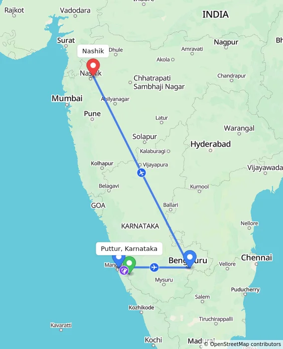 Route map showing distance and travel time from Puttur, Karnataka, India to Nashik, India