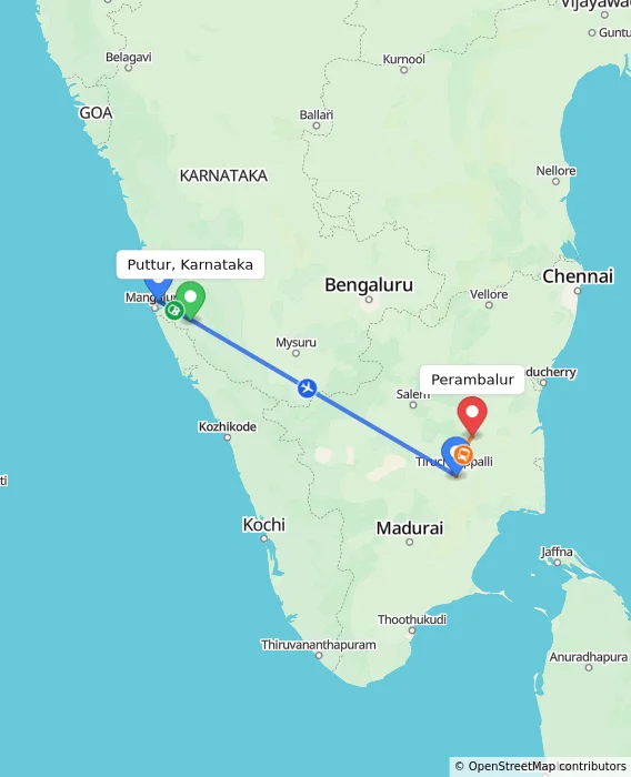 Route map showing distance and travel time from Puttur, Karnataka, India to Perambalur, India