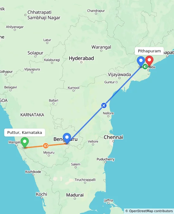 Route map showing distance and travel time from Puttur, Karnataka, India to Pithapuram, India