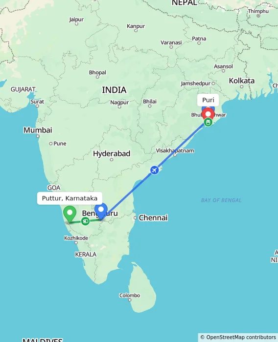 Route map showing distance and travel time from Puttur, Karnataka, India to Puri, India