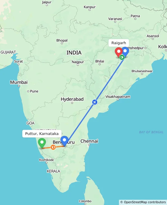 Route map showing distance and travel time from Puttur, Karnataka, India to Raigarh, India