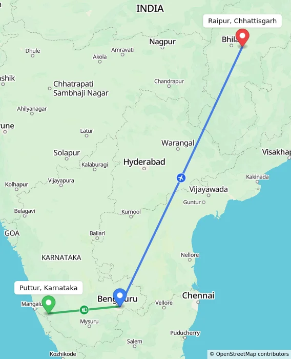 Route map showing distance and travel time from Puttur, Karnataka, India to Raipur, Chhattisgarh, India