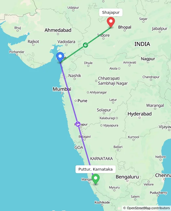 Route map showing distance and travel time from Puttur, Karnataka, India to Shajapur, India