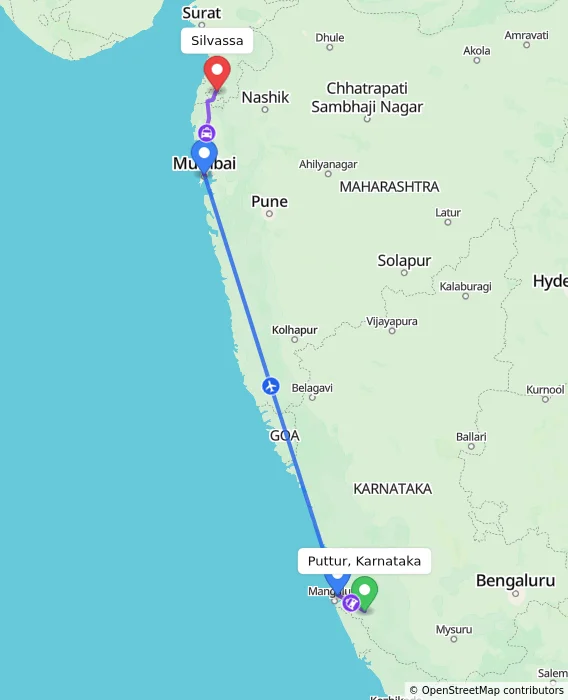 Route map showing distance and travel time from Puttur, Karnataka, India to Silvassa, India