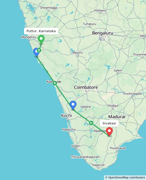 Route map showing distance and travel time from Puttur, Karnataka, India to Sivakasi, India