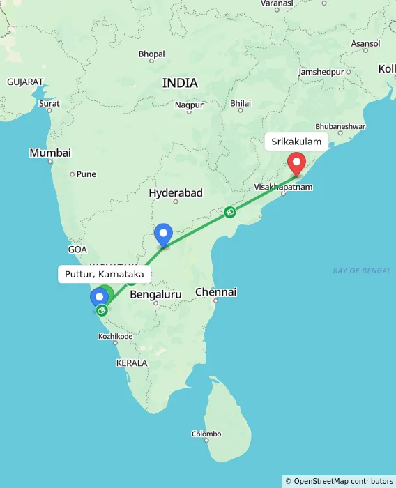 Route map showing distance and travel time from Puttur, Karnataka, India to Srikakulam, India