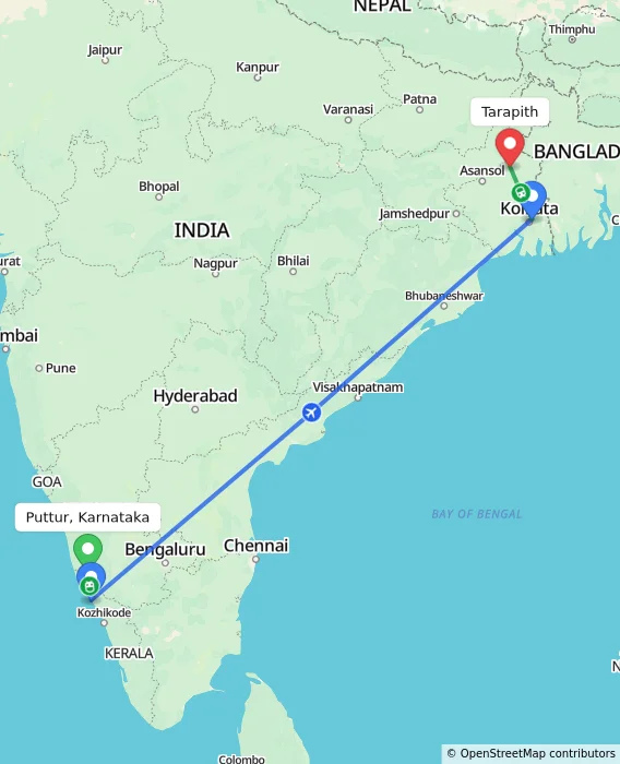 Route map showing distance and travel time from Puttur, Karnataka, India to Tarapith, India