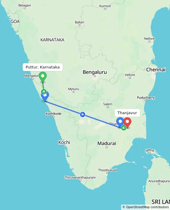 Route map showing distance and travel time from Puttur, Karnataka, India to Thanjavur, India