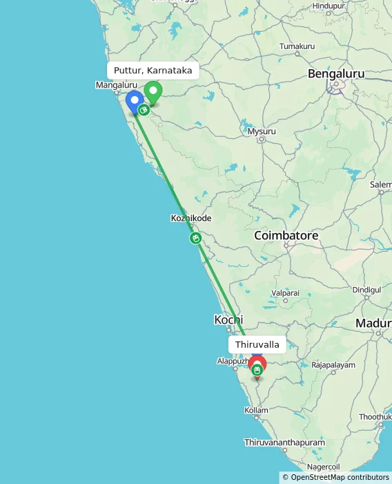 Route map showing distance and travel time from Puttur, Karnataka, India to Thiruvalla, India