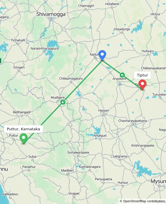 Route map showing distance and travel time from Puttur, Karnataka, India to Tiptur, India