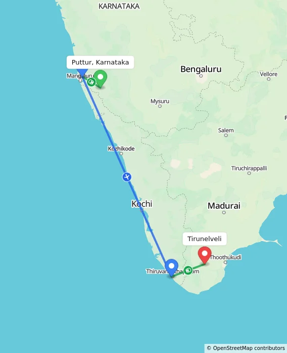 Route map showing distance and travel time from Puttur, Karnataka, India to Tirunelveli, India