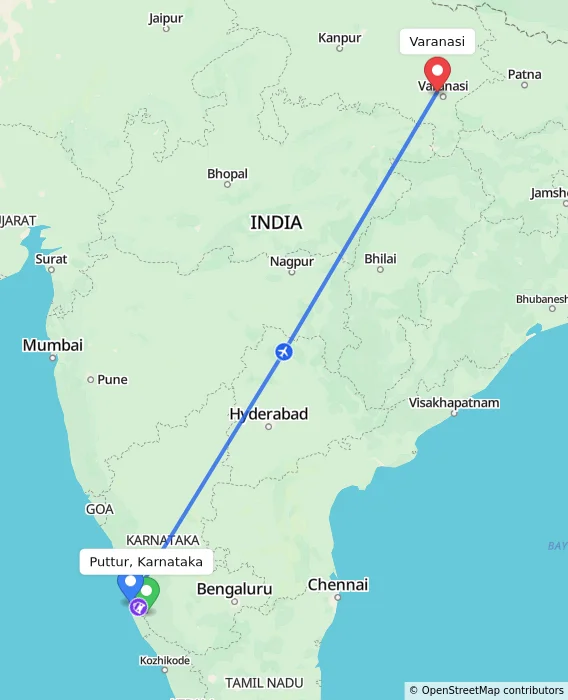 Route map showing distance and travel time from Puttur, Karnataka, India to Varanasi, India