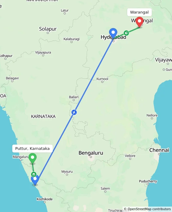 Route map showing distance and travel time from Puttur, Karnataka, India to Warangal, India