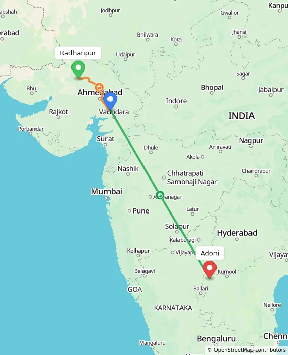 Route map showing distance and travel time from Radhanpur, India to Adoni, India