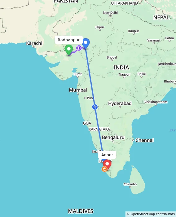 Route map showing distance and travel time from Radhanpur, India to Adoor, India