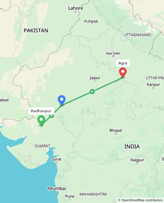 Route map showing distance and travel time from Radhanpur, India to Agra, India