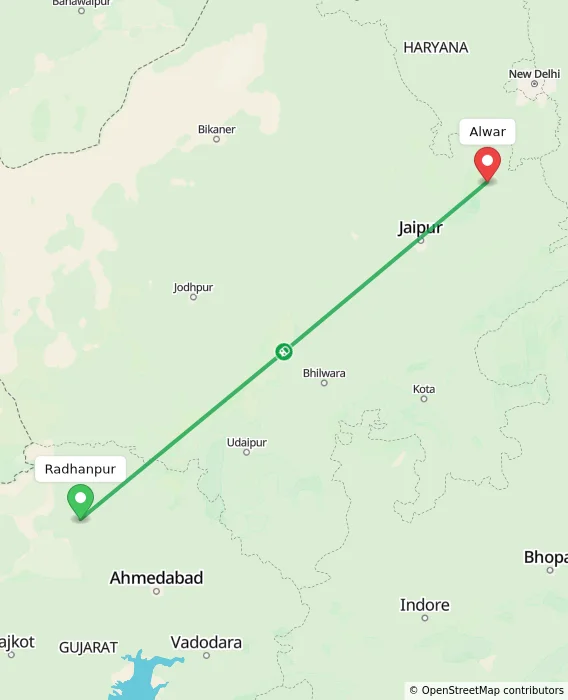 Route map showing distance and travel time from Radhanpur, India to Alwar, India