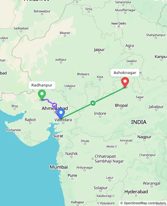 Route map showing distance and travel time from Radhanpur, India to Ashoknagar, India