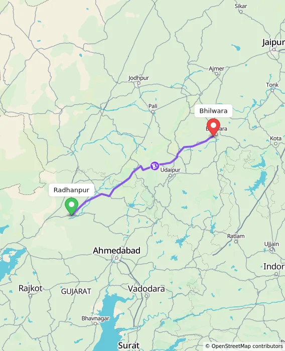 Route map showing distance and travel time from Radhanpur, India to Bhilwara, India