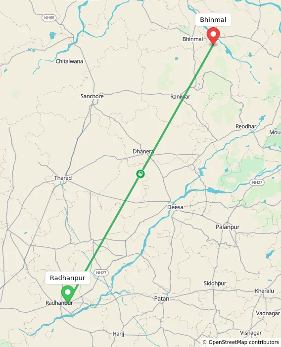 Route map showing distance and travel time from Radhanpur, India to Bhinmal, India