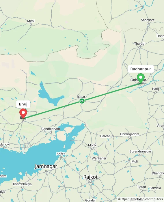 Route map showing distance and travel time from Radhanpur, India to Bhuj, India
