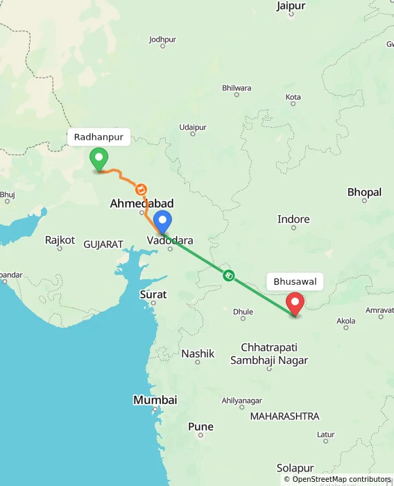 Route map showing distance and travel time from Radhanpur, India to Bhusawal, India