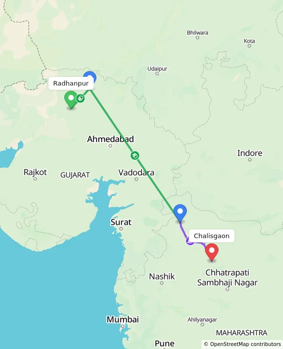 Route map showing distance and travel time from Radhanpur, India to Chalisgaon, India