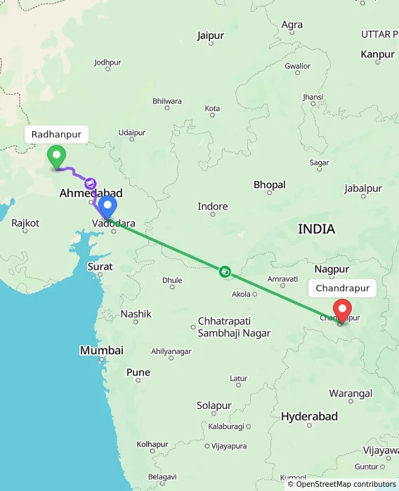 Route map showing distance and travel time from Radhanpur, India to Chandrapur, India