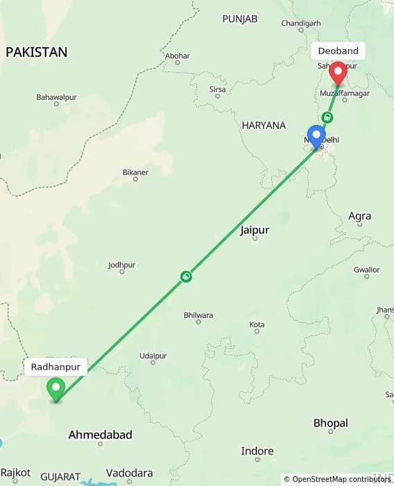 Route map showing distance and travel time from Radhanpur, India to Deoband, India