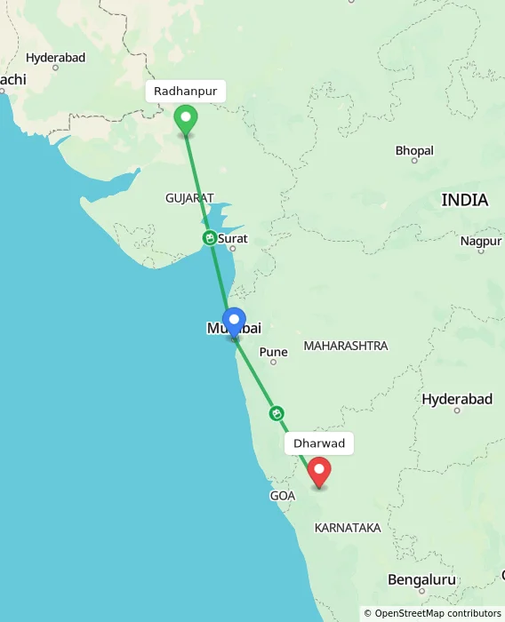 Route map showing distance and travel time from Radhanpur, India to Dharwad, India